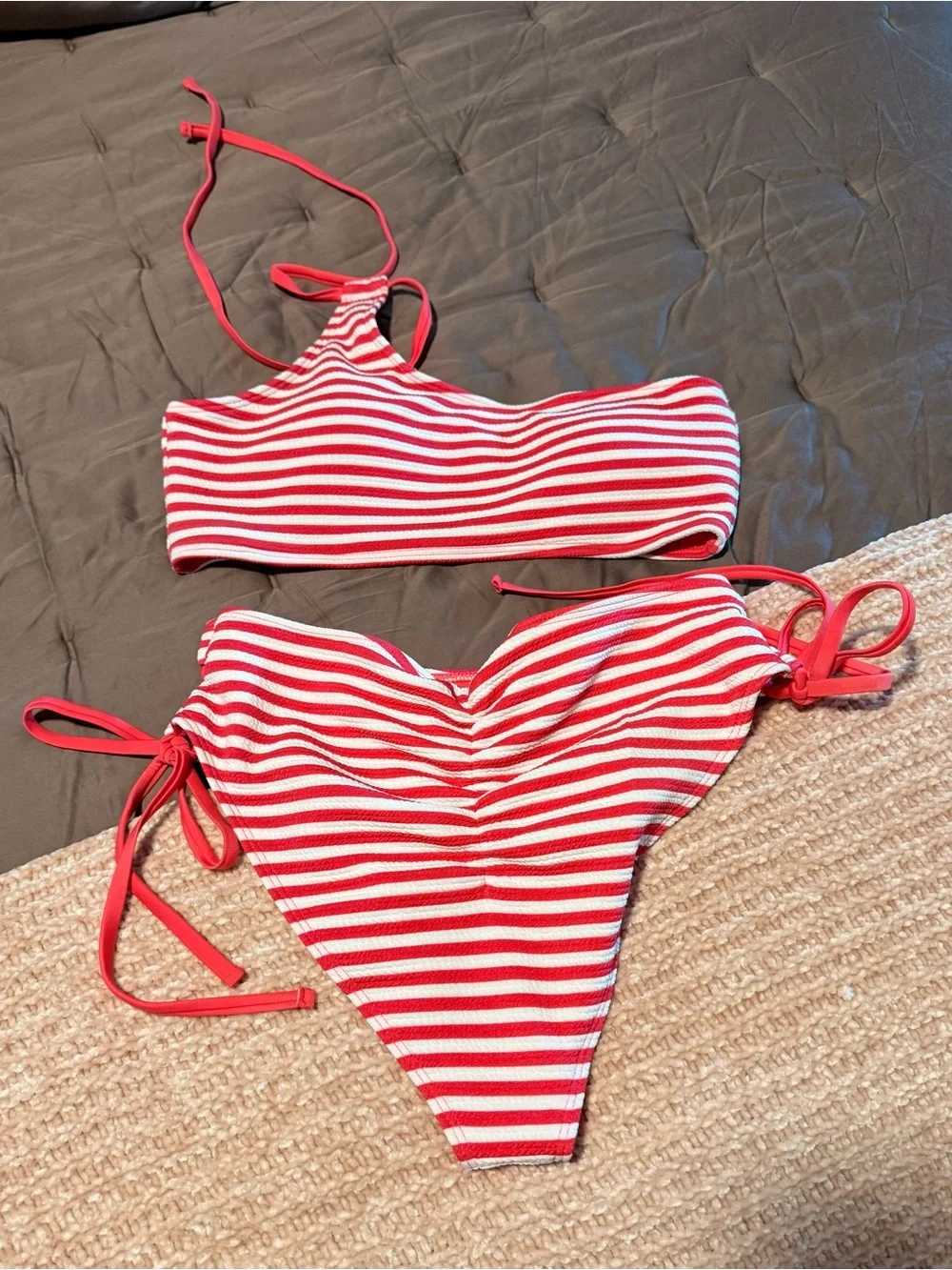 Striped Red and White Tie-Side Bikini Set - Picture 2 of 2